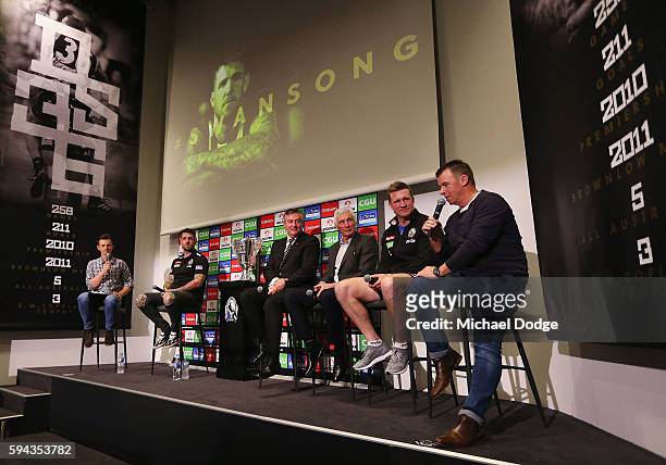Retiring Dane Swan of the Magpies sits on a panel with Magpies President Eddie Maguire, former head coach Mick Malthouse, current head coach Nathan...