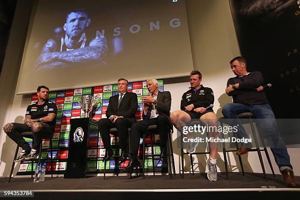 Retiring Dane Swan of the Magpies sits on a panel with Magpies President Eddie Maguire, former head coach Mick Malthouse, current head coach Nathan...