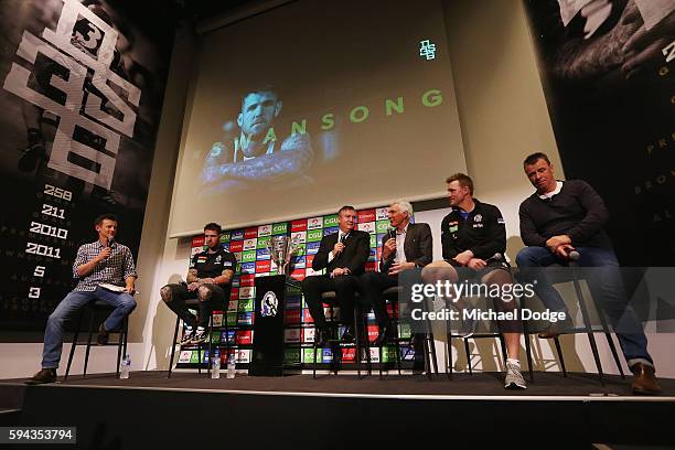 Retiring Dane Swan of the Magpies sits on a panel with Magpies President Eddie Maguire, former head coach Mick Malthouse, current head coach Nathan...