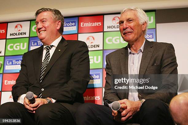 Magpies President Eddie Maguire and former head coach Mick Malthouse pay tribute to retiring Dane Swan during a Collingwood Magpies AFL media session...