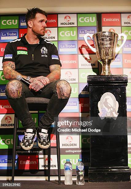 Retiring Dane Swan of the Magpies looks on during a Collingwood Magpies AFL media session at the Holden Centre on August 23, 2016 in Melbourne,...