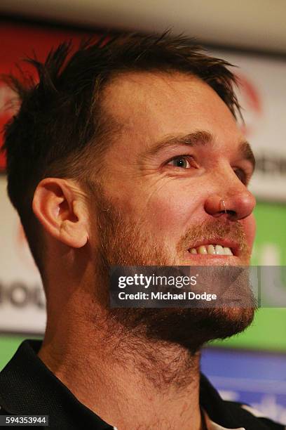 Retiring Dane Swan of the Magpies looks on during a Collingwood Magpies AFL media session at the Holden Centre on August 23, 2016 in Melbourne,...