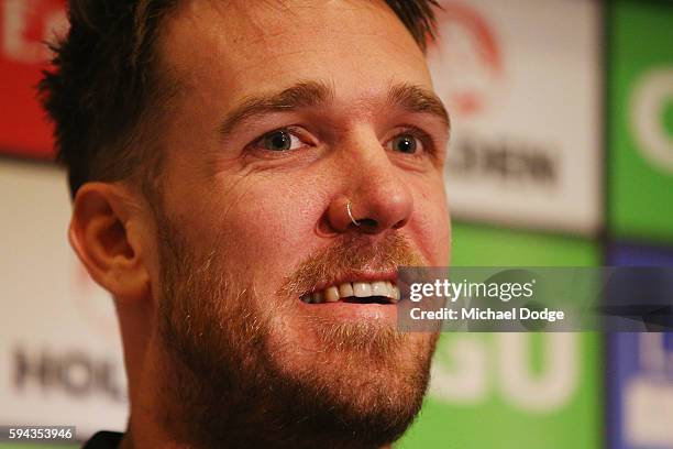 Retiring Dane Swan of the Magpies looks on during a Collingwood Magpies AFL media session at the Holden Centre on August 23, 2016 in Melbourne,...