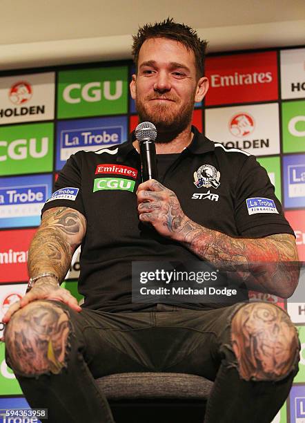 Retiring Dane Swan of the Magpies speaks during a Collingwood Magpies AFL media session at the Holden Centre on August 23, 2016 in Melbourne,...