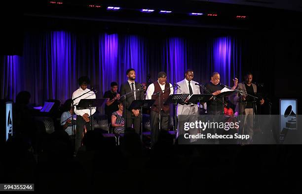 Rapper PJ Buckner, actor Reign Morton, actor Keith David, actor Dohn Norwood, actor Barry Shabaka Henley and actor Dorian Missick perform at A...