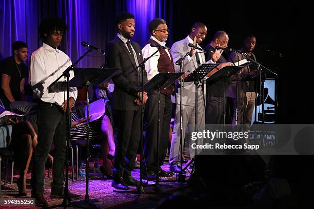 Rapper PJ Buckner, actor Reign Morton, actor Keith David, actor Dohn Norwood, actor Barry Shabaka Henley and actor Dorian Missick perform at A...