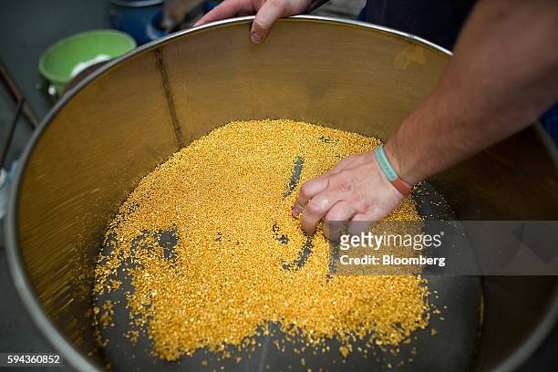 An employee sifts through gold grain as it cools down after being melted down at the Baird & Co. Ltd. Precious metals refinery in London, U.K., on...
