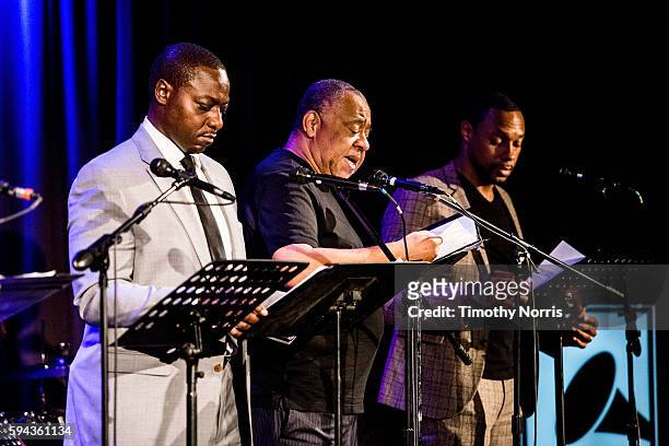 Dohn Norwood, Barry Shabaka Henley and Dorian Missick perform during A Tribute To Langston Hughes at The GRAMMY Museum on August 22, 2016 in Los...