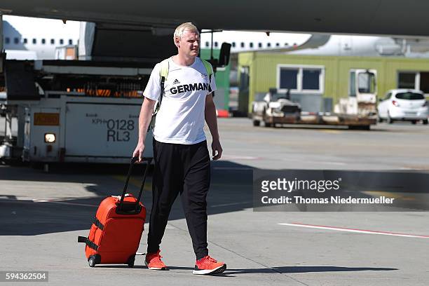 Handball player Johannes Bitter is seen during the arrival of German Summer Olympic Athletes from the Olympic Games in Rio at Frankfurt aiport on...