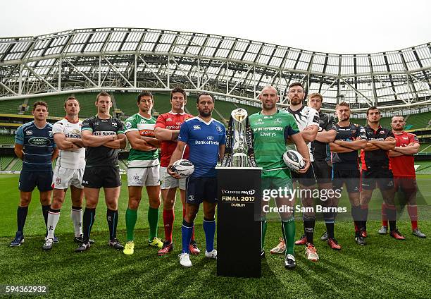 Dublin , Ireland - 23 August 2016; Players, from left, LLoyd Williams of Cardiff Blues, Tommy Bowe of Ulster, Dan Lydiate of Ospreys, Alessandro...