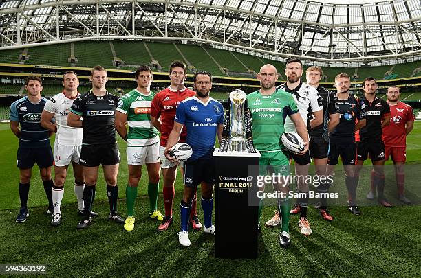 Dublin , Ireland - 23 August 2016; Players, from left, LLoyd Williams of Cardiff Blues, Tommy Bowe of Ulster, Dan Lydiate of Ospreys, Alessandro...