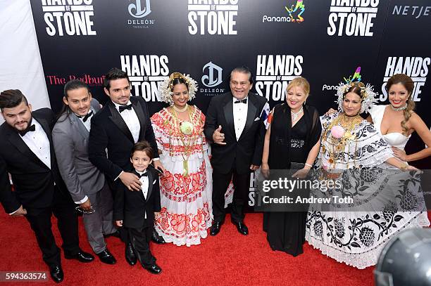 Roberto Duran and Felicidad Duran pose with guests at the "Hands of Stone" U.S. Premiere at SVA Theater on August 22, 2016 in New York City.