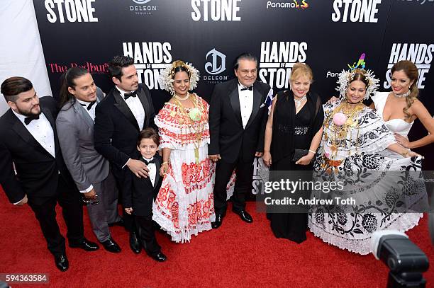 Roberto Duran and Felicidad Duran pose with guests at the "Hands of Stone" U.S. Premiere at SVA Theater on August 22, 2016 in New York City.