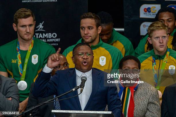 South Africa Minister of Sport Fikile Mbalula during the Rio 2016 Olympics Games Team South Africa welcoming ceremony at O.R Tambo International...