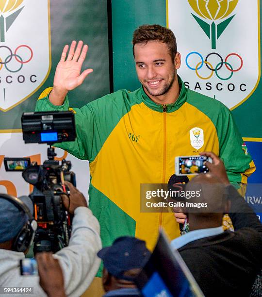 Chad le Clos during the Rio 2016 Olympics Games Team South Africa welcoming ceremony at O.R Tambo International Airport on August 23, 2016 in...