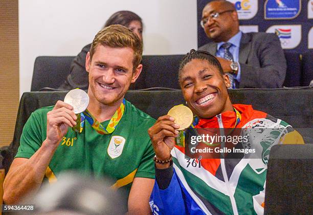 Cameron Van der Burgh and Caster Semenya during the Rio 2016 Olympics Games Team South Africa welcoming ceremony at O.R Tambo International Airport...