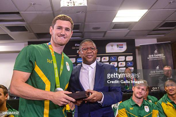 Cameron Van Der Burgh and South Africa Minister of Sport Fikile Mbalula during the Rio 2016 Olympics Games Team South Africa welcoming ceremony at...