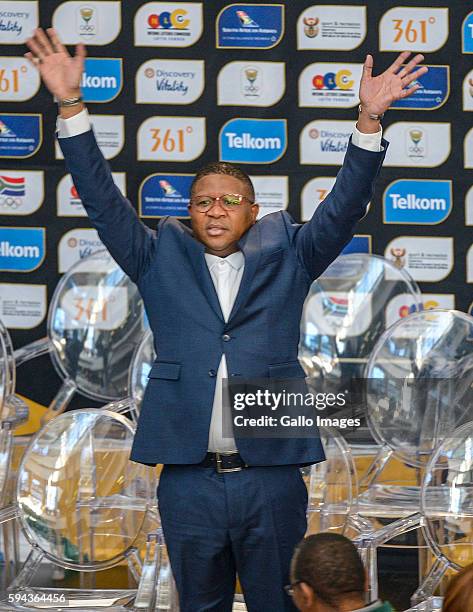 South African Sports minister Fikile Mbalula during the Rio 2016 Olympics Games Team South Africa welcoming ceremony at O.R Tambo International...