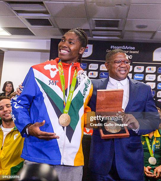 Caster Semenya with South Africa Minister of Sport Fikile Mbalula during the Rio 2016 Olympics Games Team South Africa welcoming ceremony at O.R...