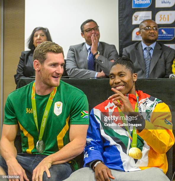 Cameron Van Der Burgh and Caster Semenya during the Rio 2016 Olympics Games Team South Africa welcoming ceremony at O.R Tambo International Airport...