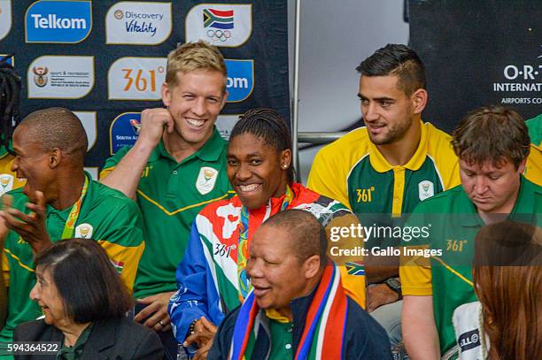 Caster Semenya and fellow medalists during the Rio 2016 Olympics Games Team South Africa welcoming ceremony at O.R Tambo International Airport on...