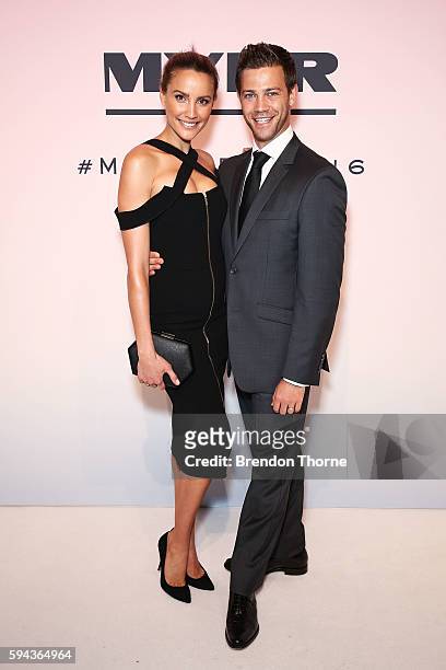 Rachael Finch and Michael Miziner arrive ahead of the Myer Spring 16 Fashion Launch at Hordern Pavilion on August 23, 2016 in Sydney, Australia.