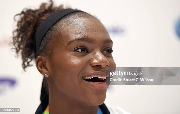 Bronze medalist Dina Asher-Smith speaks to journalists during the Team GB press conference at the Sofitel, Heathrow Airport on August 23, 2016 in...