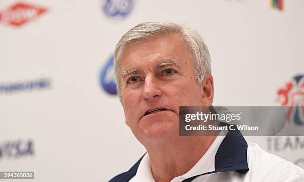 Of British Olympic Association Bill Sweeney speaks to journalists during the Team GB press conference at the Sofitel, Heathrow Airport on August 23,...