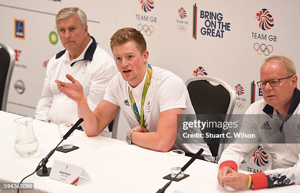 Gold medalist Adam Peaty speaks to journalists during the Team GB press conference at the Sofitel, Heathrow Airport on August 23, 2016 in London,...