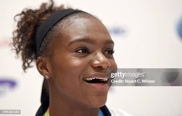 Bronze medalist Dina Asher-Smith speaks to journalists during the Team GB press conference at the Sofitel, Heathrow Airport on August 23, 2016 in...