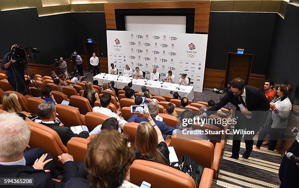 Dina Asher-Smith, Bill Sweeney, Adam Peaty, Mark England, Katherine Grainger and Sir Hugh Robertson speak to journalists during the Team GB press...