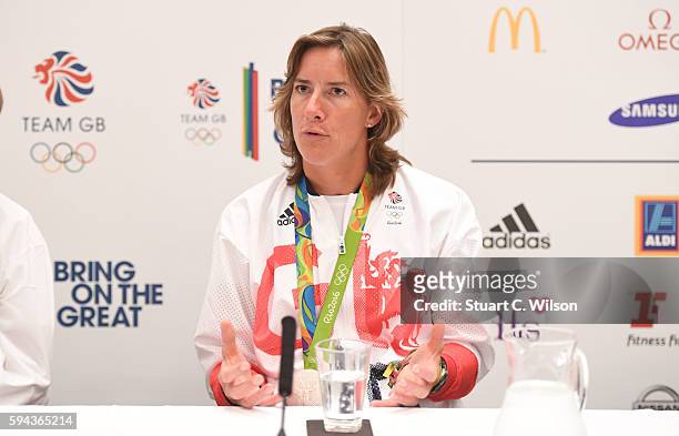 Silver medalist Katherine Grainger speaks to journalists during the Team GB press conference at the Sofitel, Heathrow Airport on August 23, 2016 in...