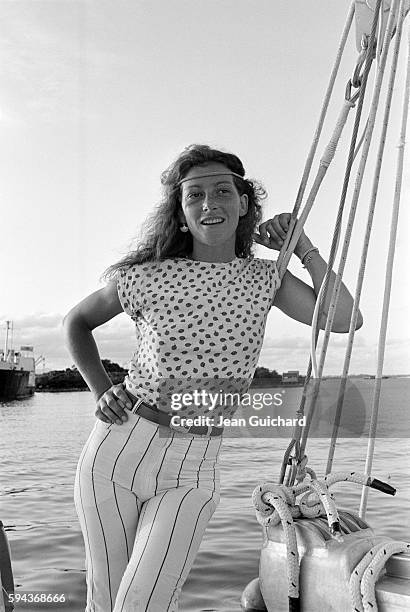 French sailor Florence Arthaud aboard the Biotherm II during the 1982 Route du Rhum boat race.