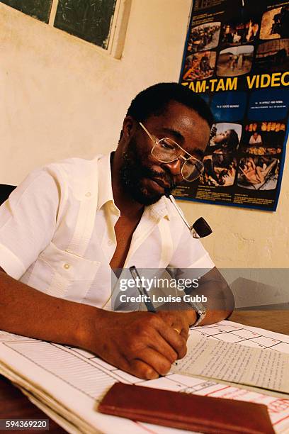Thabo Mbeki, African National Congress director of publicity and information, working at his desk in Zambia.