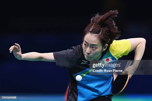 Kasumi Ishikawa of Japan serves during the Table Tennis Women's Team Round Quarter Final between Japan and Austria during the Table Tennis Men's Team...