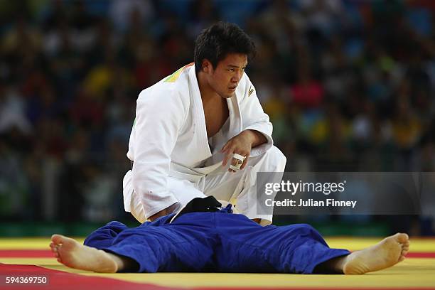 Ryunosuke Haga of Japan reacts winning the bronze medal after beating Artem Bloshenko of Ukraine in the men's -100kg bronze medal contest during the...