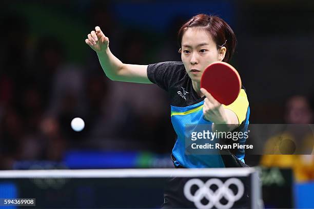 Kasumi Ishikawa of Japan competes in the Table Tennis Women's Team Round Quarter Final between Japan and Austria during the Table Tennis Men's Team...