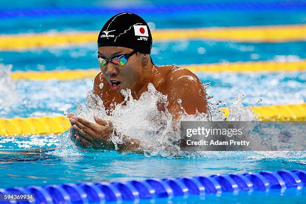 Ippei Watanabe of Japan competes in the Men's 200m Breaststroke semifinal setting the new Olympic record on Day 4 of the Rio 2016 Olympic Games at...