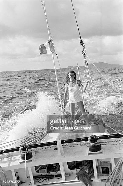 French sailor Florence Arthaud cruising aboard the Biotherm II in Guadeloupe.