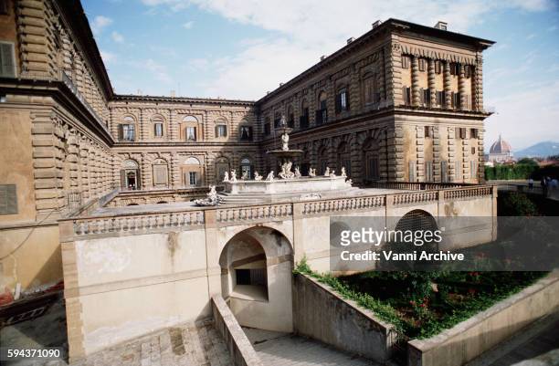 palazzo pitti in florence: garden facade and fontana del carciofo - carciofo fotografías e imágenes de stock
