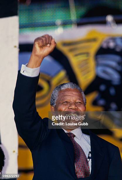 Nelson Mandela celebrating at the Rainbow Concert for Peace and Democracy. Mandela, the former President of South Africa and longtime political...