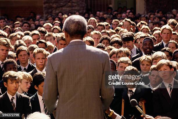 Johannesburg, South Africa: Nelson Mandela visits mainly White high school - Former President of South Africa and longtime political prisoner, held...