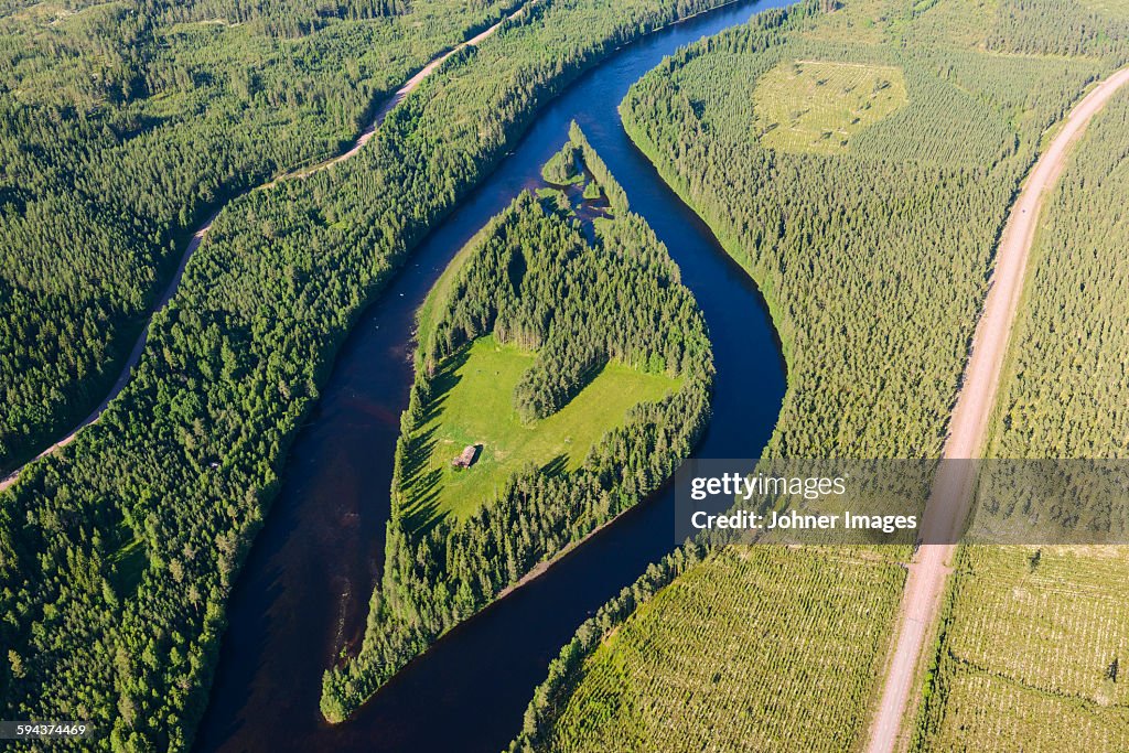 Aerial view of river and road, Osterdalalven, Dalarna, Sweden