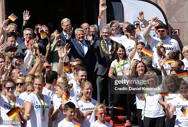 German President Joachim Gauck with his wife Daniela Schadt and the Mayor of Frankfurt Peter Feldmann welcome the Athletes during the German Olympic...