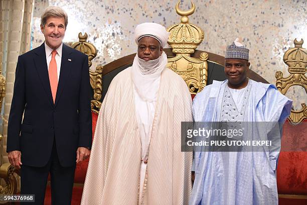 Sokoto Sultan and President-General of the Nigerian National Supreme Council for Islamic Affairs Muhammad Sa'ad Abubakar flanked by US Secretary of...