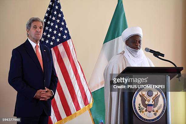 Sokoto Sultan and President-General of the Nigerian National Supreme Council for Islamic Affairs Muhammad Sa'ad Abubakar speaks next to US Secretary...