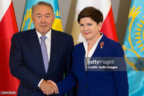 Prime Minister Beata Szydlo meets the President of Kazakhstan Nursultan Nazabayev on August 23, 2016 in Warsaw, Poland. The visit of the President of...