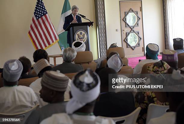 Secretary of State John Kerry delivers a speech at the Palace of the Sultan in Sokoto, on August 23, 2016. Kerry congratulated Nigeria on its recent...