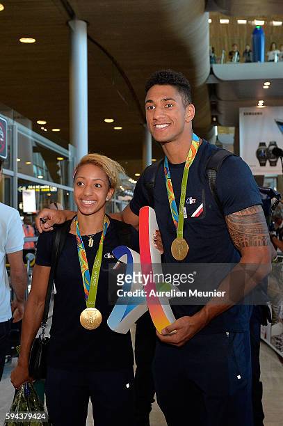 Estelle Mossely, light 60kg boxing Gold medalist and Tony Yoka, super heavy over 91kg gold medalist, arrive at Roissy Charles de Gaulle airport after...