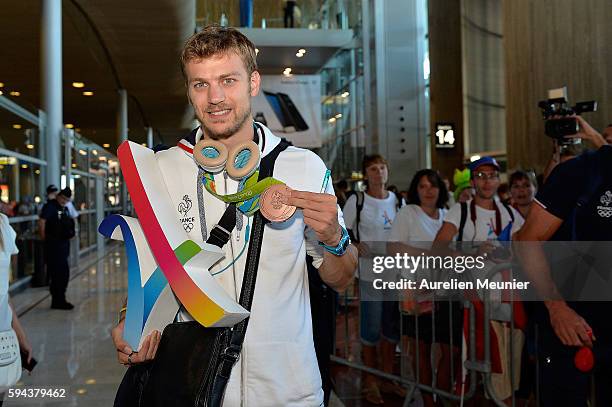 Christophe Lemaitre, 200 meters bronze medalist, arrives at Roissy Charles de Gaulle airport after the Olympic Games in Rio on August 23, 2016 in...